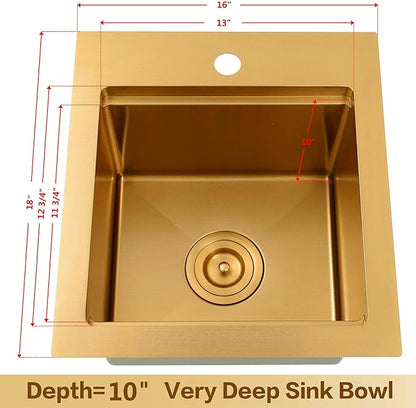 LQS Brushed Gold Finish Kitchen Sink, Small Gold Drop In Bar Sink 16” x 18” with Cutting Board, 16 Gauge Stainless Steel Golden Kitchen Sink, 10” Depth For Daily Use, Outdoor and Prep Use
