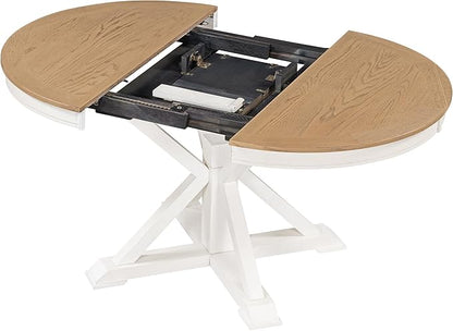 Ball & Cast Farmhouse Extendable Dining Table for 4-6, 42"-54" Extendable Kitchen-Table with a 12" Leaf, Round Ellipse Retro Wood Dining Room-Table w/Removable Leaves,Space Saving, Oak+Off White