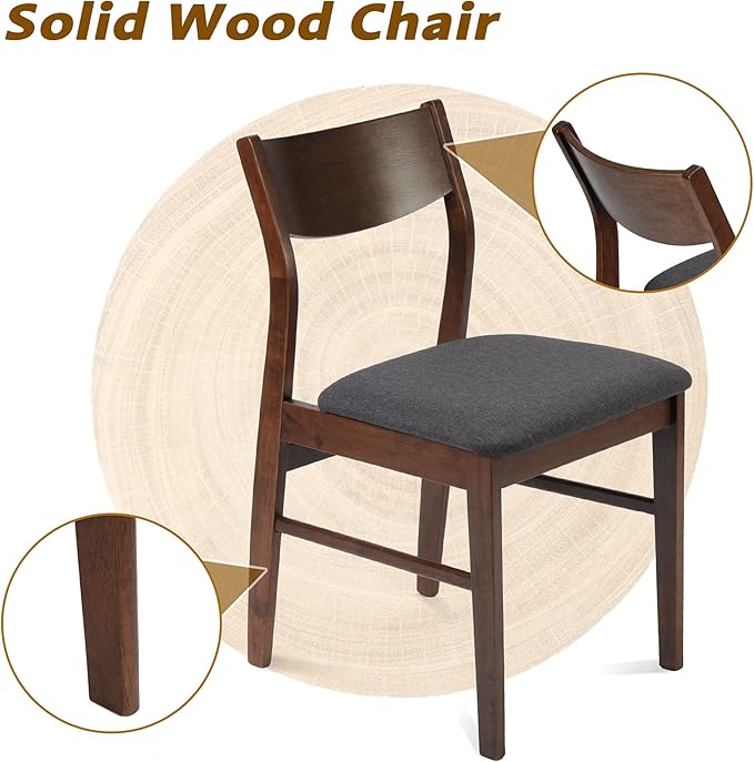 Wood Kitchen Dining Set of 2 Mid-Century Farmhouse Chairs With Upholstered Seat & Curved Backrest - Solid Wooden Brown