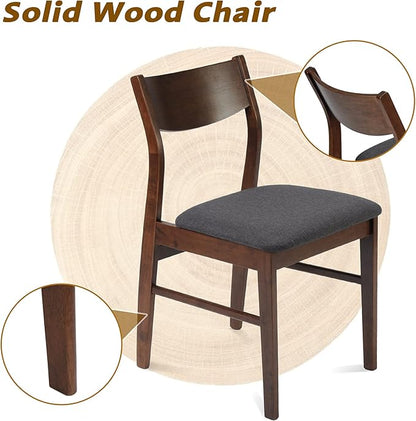 Wood Kitchen Dining Set of 2 Mid-Century Farmhouse Chairs With Upholstered Seat & Curved Backrest - Solid Wooden Brown