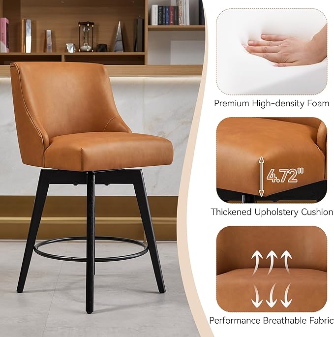 Vipbear Counter Height Bar Stools Set of 4, 26" H Swivel Bar Stools with Backs, PU Leather Upholstered Bar Chairs with Solid Wood Legs for Kitchen Island, Dining Room, Home Bar, Brown