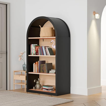 Ball & Cast 43" Tall Arched Storage Cabinet,Modern 4-Tier Wooden Display Cabinet with Open Shelves,Versatile Floor Bookcase Cabinet Organizer for Library,Living Room, Office, Black