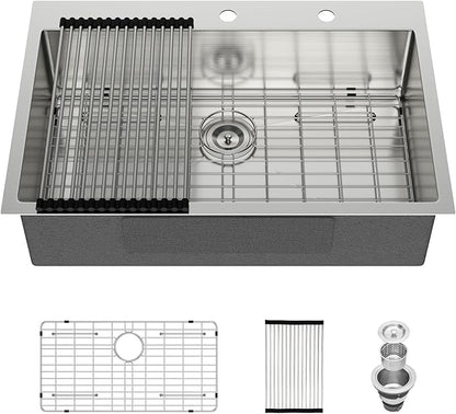 30 Drop in Kitchen Sink - Meryaio 304 Stainless Steel Topmount 16 Gauge 30x22 Single Bowl Sinks for Kitchen, Handmade Above Counter Large Kitchen Sinks Basin with Drain Accessories, 30''x22''x9''