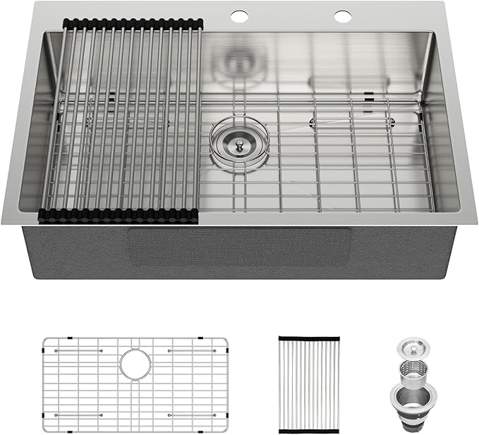 33 Drop in Kitchen Sink - Meryaio 304 Stainless Steel Topmount 16 Gauge 33x22 Single Bowl Sinks for Kitchen, Handmade Above Counter Large Kitchen Sinks Basin with Drain Accessories, 33''x22''x9''