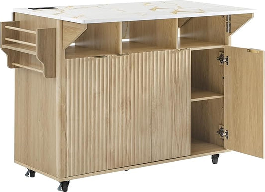 Modern Dining Table Kitchen Island with 2 Drop, Cart with Power Outlet, 4 Doors, Spice Rack, Rolling Wood Grain Top Table, Curved Edge for Living Room,Natural-MDF