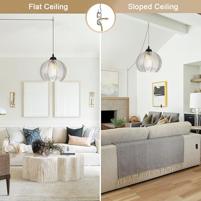 Glass Globe Plug in Pendant Light 7.9″ Clear Ribbed Glass Shade Modern Pendant Light 14.7ft Plug in Cord Vintage Hanging Lights Fixtures Boho Swag Lamp Cord for Living Room Kitchen