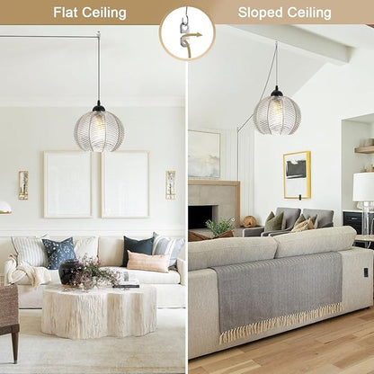 Glass Globe Plug in Pendant Light 7.9″ Clear Ribbed Glass Shade Modern Pendant Light 14.7ft Plug in Cord Vintage Hanging Lights Fixtures Boho Swag Lamp Cord for Living Room Kitchen