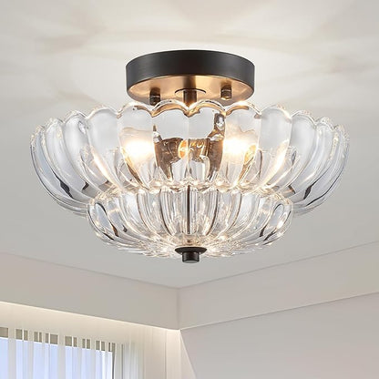 XINGQI Semi Flush Mount Ceiling Light Fixture Modern Black 3-Light Scalloped Glass Close to Ceiling Lighting for Living Room Entryway Bedroom Closet Hallway (Bulb Not Included)