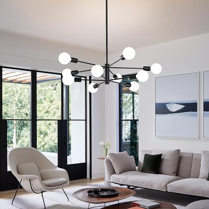 RUIYEY Modern Sputnik Chandeliers Light, 10-Light Black Chandeliers for Dining Room, E26 Height Adjustable Chandelier Ceiling Lighting Fixture for Farmhouse Kitchen Island Living Room Foyer