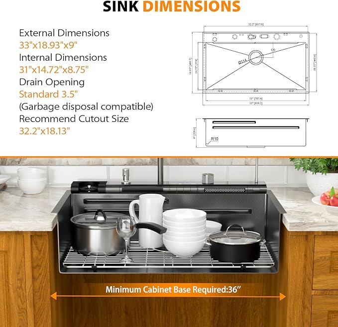 Mocoloo 33 Inch Black Honeycomb Waterfall Kitchen Sink Drop in, 33x19 Inch Stainless Steel Workstation Sink 16 Gauge Topmount Single Bowl LED Display Sink with Complete Kit