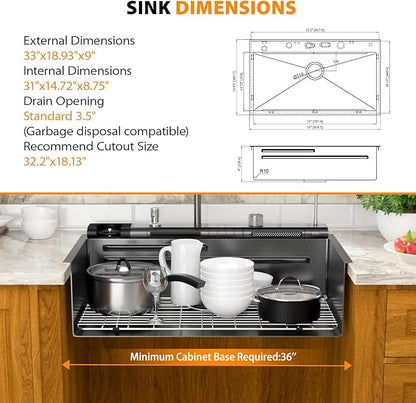 Mocoloo 33 Inch Black Honeycomb Waterfall Kitchen Sink Drop in, 33x19 Inch Stainless Steel Workstation Sink 16 Gauge Topmount Single Bowl LED Display Sink with Complete Kit