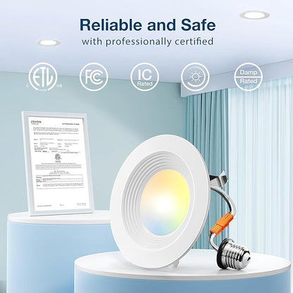 Amico 4 Pack 4 inch 5CCT LED Recessed Lighting, Dimmable, 8.5W=60W, 650LM, 2700K/3000K/4000K/5000K/6000K Selectable, Retrofit Can Lights with Baffle Trim, IC Rated - ETL & FCC, White