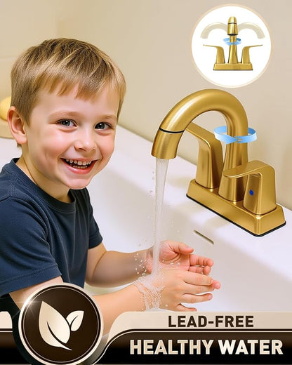 Brushed Gold Bathroom Faucet 4 Inch Centerset 3 Hole, 2 Handle Faucet with Heat-Resistant Pull-Out Sprayer, 360° Swivel Spout & Pop-Up Drain, BF-116B