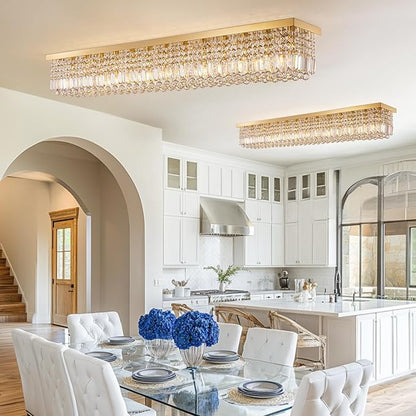 Crystal Chandeliers,6-Lights Gold Rectangular Chandelier,Crystals Pendant Light Fixture for Dining Living Room Kitchen Dining Room Bedroom Bathroom Hotel