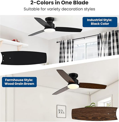 Conciseer 42 Inch Ceiling Fans with Lights and Remote, Bedroom Living Room Office, Flush Mount, 3CCT Dimmable, Dual Color 3 Blades, 6 Speed Reversible Quiet DC Motor, Black/Wood Grain, 2 Pack