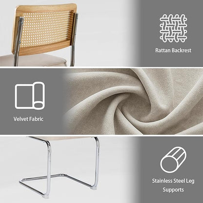 Rattan Back Velvet Dining Chair Set of 6 Modern Breuer Designed Stainless Chrome Base Armless Upholstered Dining Chair for Dining Room, Kitchen Island(Beige)