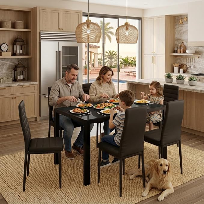 Gizoon Glass Dining Table Sets for 6, 7 Piece Kitchen Table and Chairs Set for 6 Person, PU Leather Modern Dining Room Sets for Home, Kitchen, Living Room