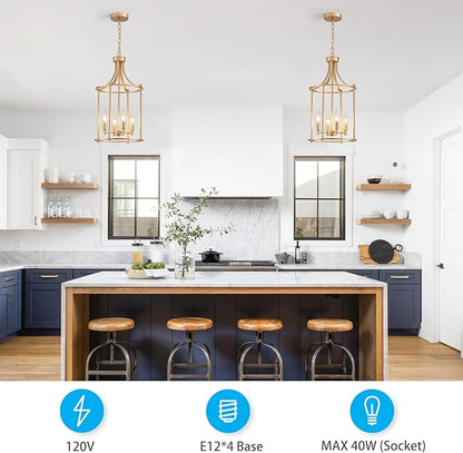 XINGQI Gold Chandeliers for Dining Room,4 Light Hanging Lantern Pendant Light Fixture Metal Farmhouse Geometric Chandelier Cage Pendant for Kitchen Island Entryway Living Room