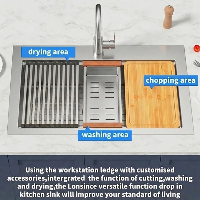 Drop In Kitchen Sink 33" X 22",Top Mount 16 Gauge Stainless Steel Workstation Sink,Deep & Large Single Bowl Kitchen Sinks