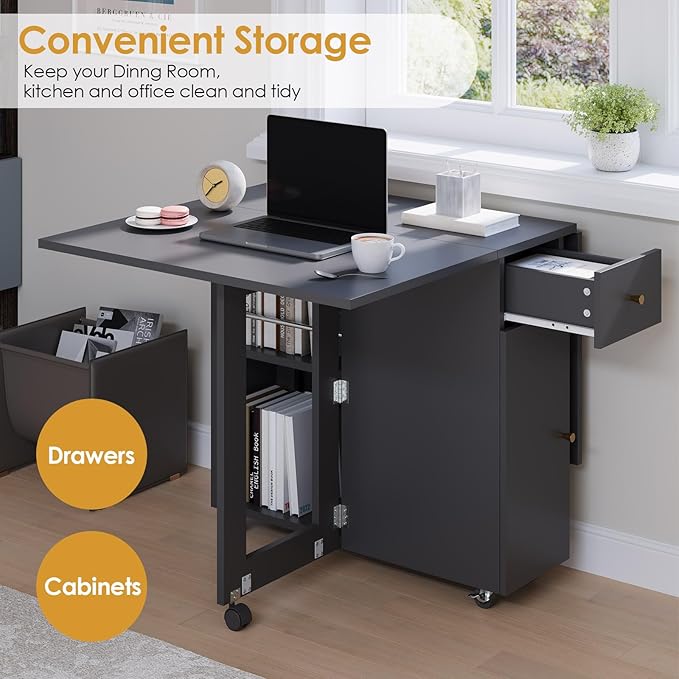 LotFun Folding Dining Table, Space Saving Table with 6 Wheels, Movable Kitchen Dining Table for Small Spaces, Drawer and 2-Tier Storage Racks
