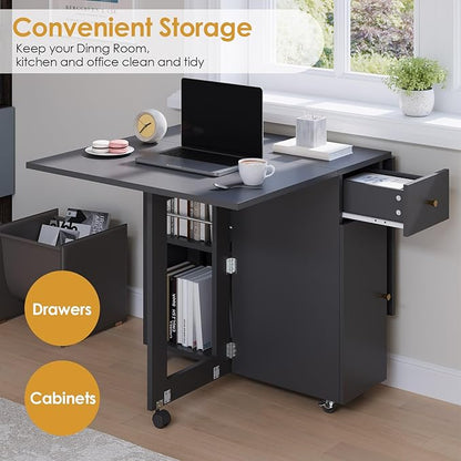 LotFun Folding Dining Table, Space Saving Table with 6 Wheels, Movable Kitchen Dining Table for Small Spaces, Drawer and 2-Tier Storage Racks