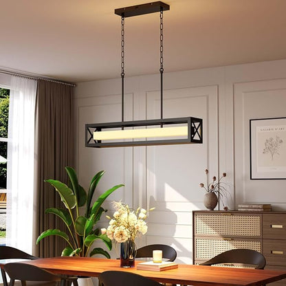 31.5" Farmhouse Kitchen Island Lighting, Black Rectangular Chandeliers for Dining Room Light Fixture, 30W LED Dimmable Linear Pendant Light for Kitchen Island Over Table with Remote
