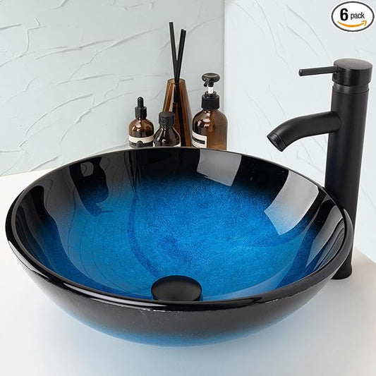 Design Vessel Sink Bathroom Sink above counter Small Vessel Sink Bathroom Sink Bowl Countertop Modern Sinks with faucet and drain combo 16.5" Round Blue New