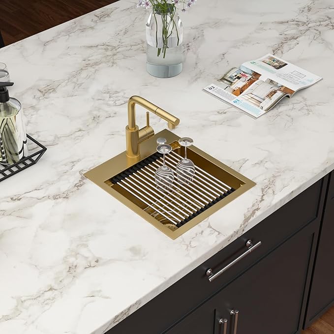 Gold Bar Sink With Faucet Drop In Bar Sinks 15x17 Inch Stainless Steel Indoor Outdoor Kitchen Workstation16 Gauge Single Bowl Small Sinks With Pull-out Faucet 15"x17"x9"