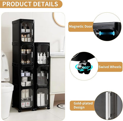 3-Tier Slim Narrow Storage Cabinet with Adjustable Shelves and Movable Wheels, Anti-Tip, Bathroom Storage and Organizers for Small Space, Bathroom, Kitchen, Laundry, Black