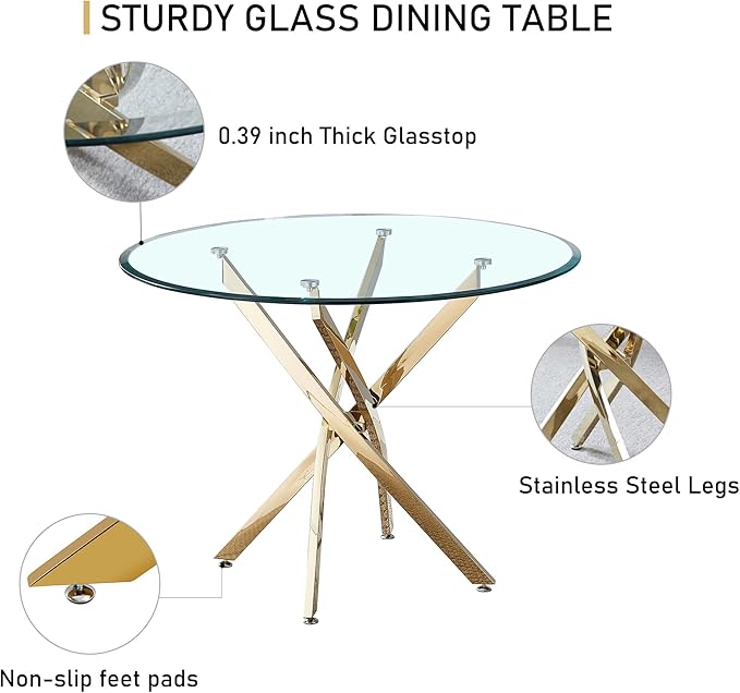 Pvillez 36“ Round Dining Table for 4, Contemporary Tempered Glass Dining Table, Small Dinner Table with Stainless Steel Base, Round Clear Kitchen Table Writing Desk for Dining Kitchen