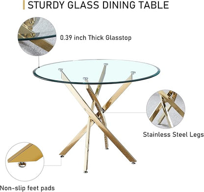 Pvillez 36“ Round Dining Table for 4, Contemporary Tempered Glass Dining Table, Small Dinner Table with Stainless Steel Base, Round Clear Kitchen Table Writing Desk for Dining Kitchen