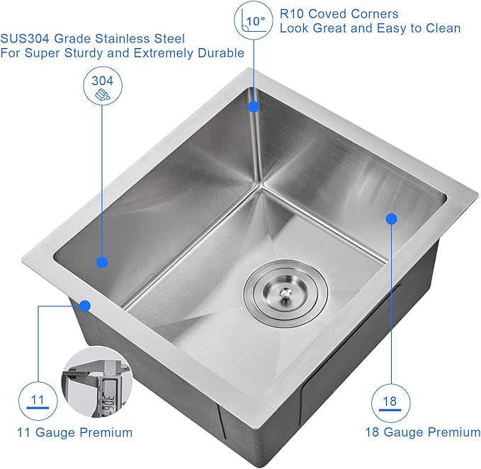 MENATT 15-inch Undermount Kitchen Bar Sinks, 304 Stainless Steel Handmade Bar Sink Undermount, Single Bowl Kitchen Sink Brushed, 15" x 17" x 8"