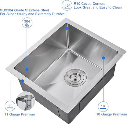 MENATT 15-inch Undermount Kitchen Bar Sinks, 304 Stainless Steel Handmade Bar Sink Undermount, Single Bowl Kitchen Sink Brushed, 15" x 17" x 8"