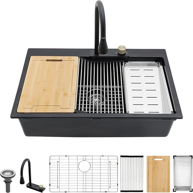 Lordear Black Waterfall Kitchen Sink Granite Composite 33x22 Drop In Kitchen Sinks Black Quartz Composite Single Bowl Multifunctional Workstation Topmount Sink with Pull Out Faucet