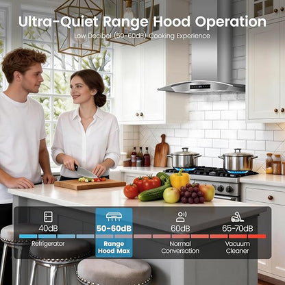 36 inch Wall Mount Range Hood, 1200 CFM Stainless Steel & Tempered Glass Vent Hood with 8-Speed Gesture Sensing and Touch Control, Dishwasher-Safe Baffle Filters, Delay Shutoff Timer