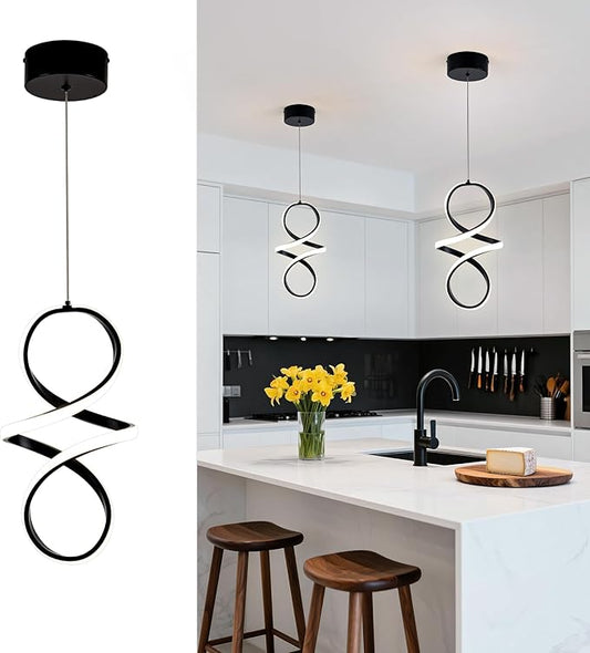 MAYNA Spiral Led Pendant Light Fixture,18W Modern Led Chandelier, 4000K Adjustable Height Hanging Light Fixture for Kitchen Living Room Bedroom Cafe Table, 1 Pack (Black)