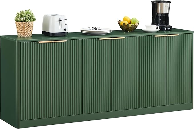 Ball & Cast 67" Modern Fluted Sideboard Buffet Cabinet with Storage,Curved Design Kitchen Coffee Bar Cabinet with 6 Doors & Shelves,Wood Credenza Cabinets Media Console for Living Room,Green