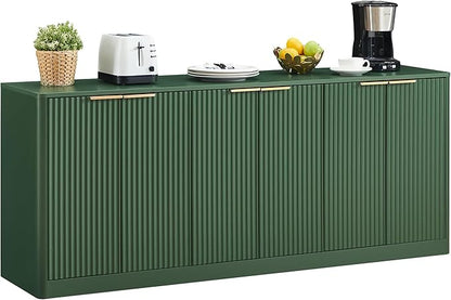 Ball & Cast 67" Modern Fluted Sideboard Buffet Cabinet with Storage,Curved Design Kitchen Coffee Bar Cabinet with 6 Doors & Shelves,Wood Credenza Cabinets Media Console for Living Room,Green