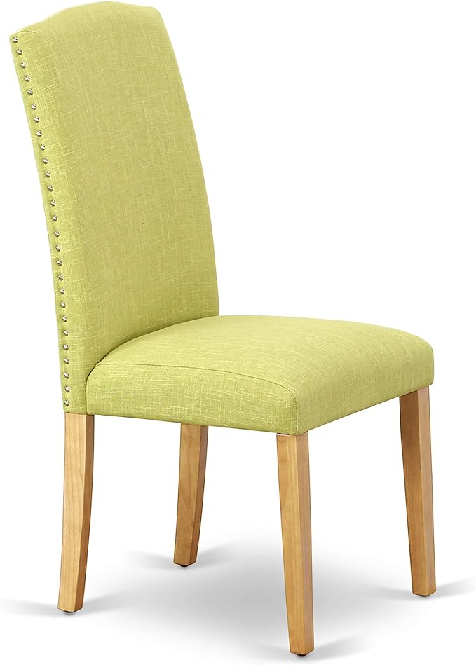 East West Furniture ENP4T07 Encinal Parson Dining Chairs - Nailhead Trim Limelight Linen Fabric Upholstered Chairs, Set of 2, Oak