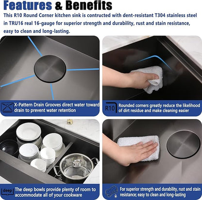 33x22 Double Bowl Farm Sink for Kitchens Workstation - 33 Inch Black Stainless Steel Farmhouse Kitchen Sink Double Bowl, Apron Undermount Double Kitchen Sink with Accessories