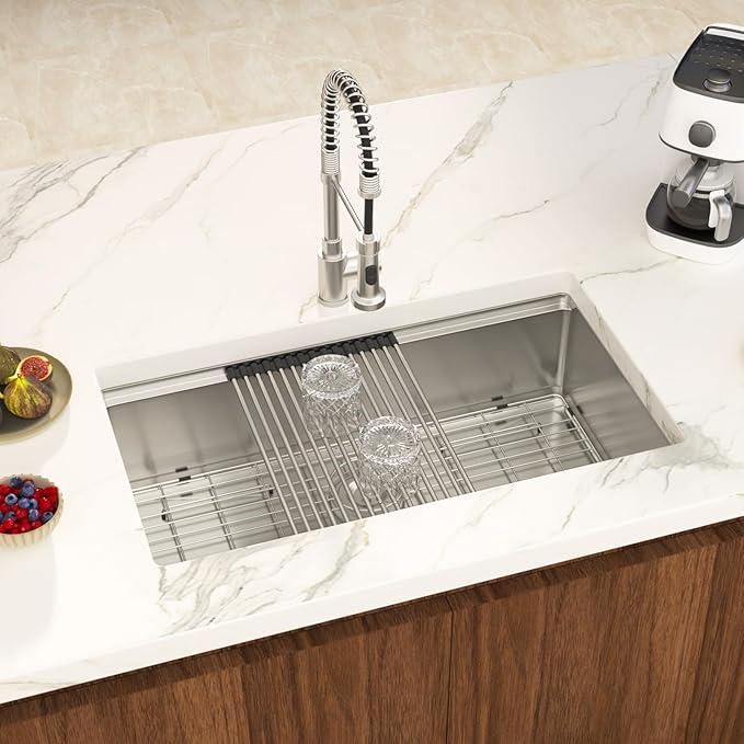 30 Undermount Kitchen Sink 30 ×19 X 9 Inch Stainless Steel Workstation Sinks 16 Gauge Single Bowl 9'' Deep Handmade Basin with Complete Accessories