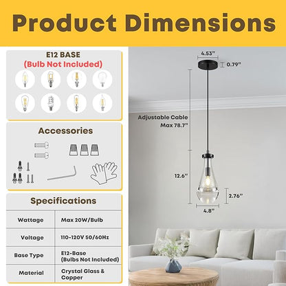2 Pack Pendant Light for Kitchen Island, Raindrop Black Modern Crystal Glass Pendant Lights, Pendant Lights in Kitchen Island, E12 Bulb Indoor Island Pendant Lights,for Dining Room,Living Room