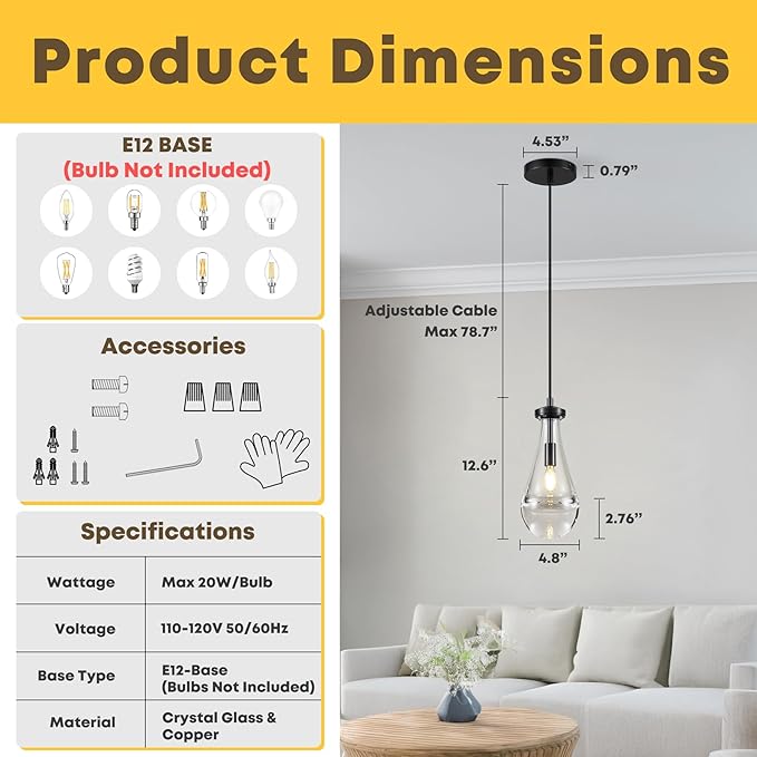 Raindrop Pendant Light for Kitchen Island, Black Modern Crystal Glass Modern Pendant Lights, pendant lights in kitchen island, E12 Bulb Pendant Lights Indoor island, for Dining Room,Living Room