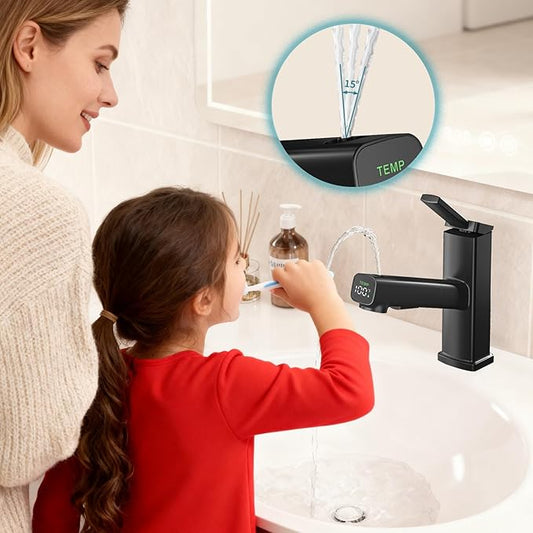 HANLIAN Pull Out Bathroom Faucet 1 Hole with Digital Temperature Display, Single Lever Bathroom Sink Faucet with Pull Down Sprayer, 3 Modes Single Handle Vanity Faucets One Hole with Swivel Spout