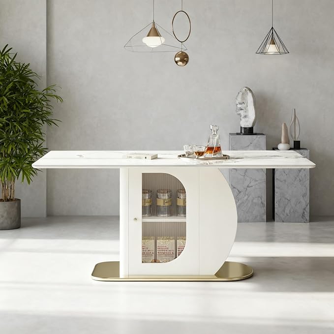 63" Modern Dining Table for 4-6 People - White Sintered Stone with Storage Shelf & Acrylic Cabinet