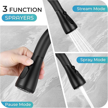Pull Down Kitchen Faucet with Soap Dispenser - Matte Black Single Handle Kitchen Faucets, High Arc Stainless Steel Pull Out Kitchen Sink Faucet with Deck for RV Laundry Farmhouse Bar