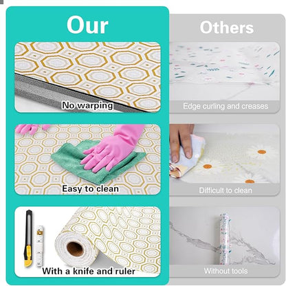 Drawer and Shelf Liner for Kitchen Cabinet,Non-Adhesive Cabinet Liner 24in x 30FT,Waterproof Shelf Paper Non-Slip Mats Cupboard Liners Contact Protect Dresser/Shelves/Table-Gold Octagonal