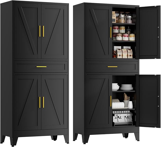 71" Tall Farmhouse Pantry Cabinet,Metal Cabinet with Doors and Shelves,Storage Cabinet for Kitchen Garage,Black 1 Pack