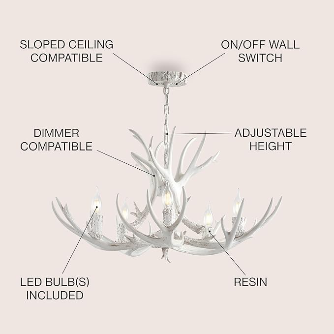 JONATHAN Y 30" White Rustic Resin Antler 5-Light LED Chandelier, Farmhouse Faux Deer Horn Hanging Ceiling Light for Dining Room, Kitchen Island, Adjustable Light Fixture (JYL6300B)