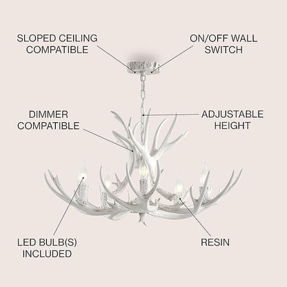 JONATHAN Y 30" White Rustic Resin Antler 5-Light LED Chandelier, Farmhouse Faux Deer Horn Hanging Ceiling Light for Dining Room, Kitchen Island, Adjustable Light Fixture (JYL6300B)